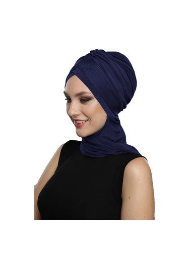 Çapraz Pike Atkılı Astarlı Lacivert Hazır Türban Tesettür Bone