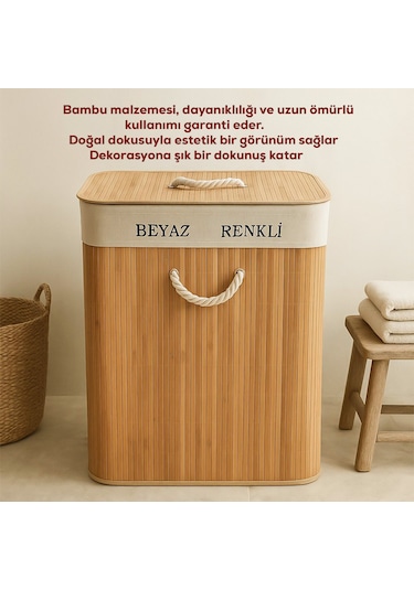 Porsima Pbt-440 Çift Bölmeli Kapaklı Kirli Çamaşır Sepeti Dikdörtgen - İki Bölmeli Bambu Kirli Çamaşır Sepeti Bambu