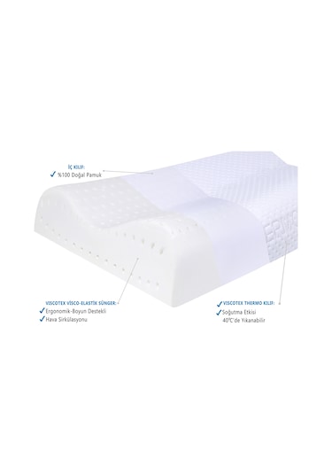 Viscotex Çift Bombeli Ortopedik Yastık 60x40x14/12cm, Beyaz