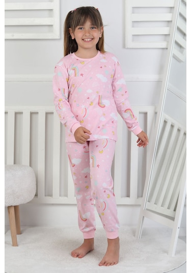 Cute Dreams Pattern Uzun Kollu Kız Çocuk Pijama Takımı Pembe