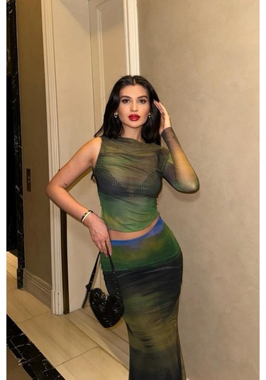 Kadın Multi Desenli Lycra Uzun Kollu Bisiklet Yaka Takım Çok Renkli