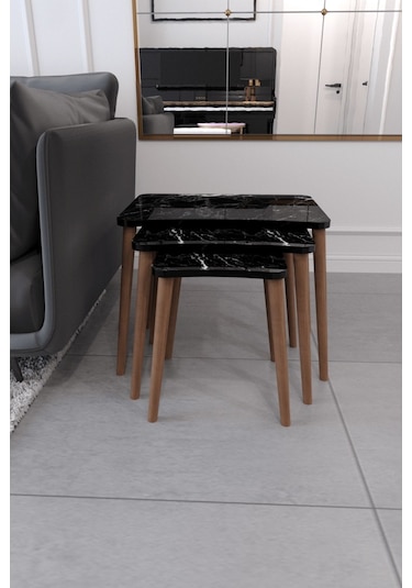 Zigon Sehpa & Yan Sehpa 3'Lü Ahşap Ayaklı Sehpa - Siyah Mermer