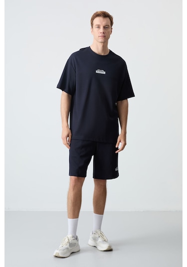 Lacivert Pamuklu Kalın Yumuşak Dokulu Oversize Fit Basic Erkek Şort Takım - 85259