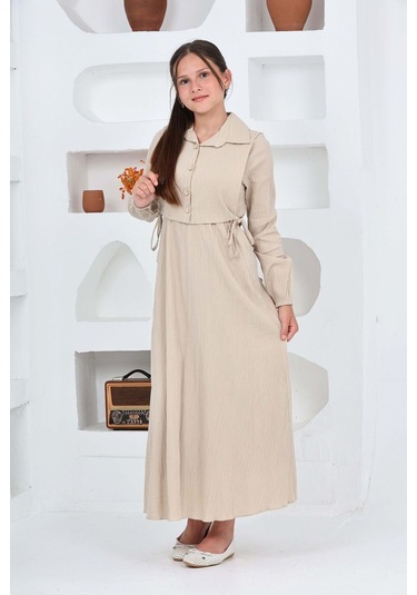 Kız Çocuk Uzun Boy Gofre Kumaş Jile & Elbise İki Parça Takım Astarlı Zarif Set-4948 Bej