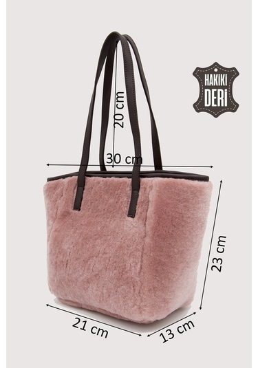 Hakiki Deri Kürklü Kadın El Çantası Pudra Smr9152 Pudra