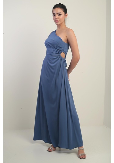 Kadın Tek Omuz Yan Pencere Detaylı Uzun Krep Saten Elbise-40824 Indigo