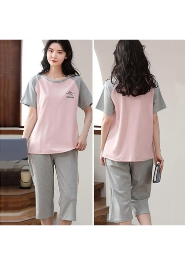 Pembe Salon Pijama O-boyun Uyku Nefes Kızlar Yaz Karikatür Baskı T-shirt Mahsul Pantolon Seti Günlük Giyim Pembe