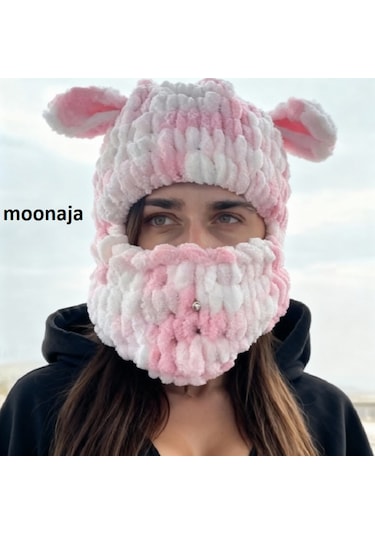 Moonaja Puffy Örgü Kar Maskesi Şapka - Wegh Bere Maske - Balaklava Motorsiklet Kask Ve Kayak Beresi Çok Renkli