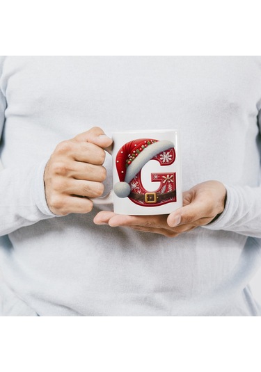 G Harfi Yılbaşı Temalı Bardak 330 Ml Harfli Kişiye Özel Hediye - Yeniyıl / Noel Şapka Tasarım Beyaz