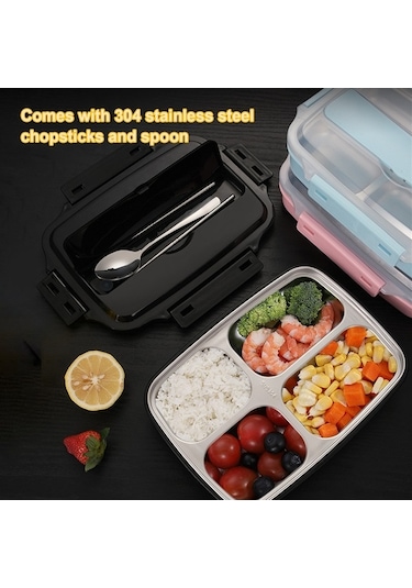 Pazly 304 Çelik Mikrodalgada Isınabilir 3 Bölmeli Taşınabilir Yemek Kabı - Kaşık+çubuk Hediyeli Siyah Siyah
