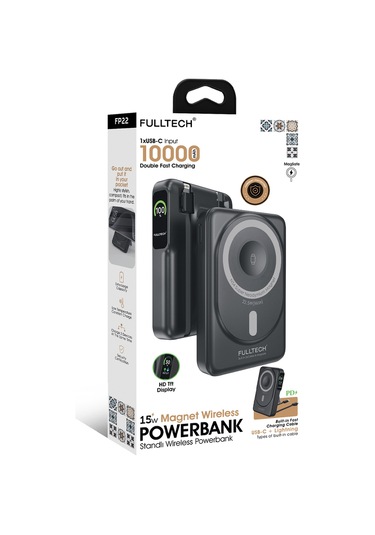Fulltech Fp22 10.000mah 15w Magsafe Standlı Wireless Powerbank Hızlı Şarj, Çift Çıkış, Dahili Kabl Siyah