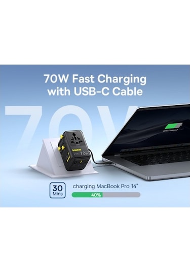 Baseus Enercore Cg11 Super Hızlı Universal Seyahat Adaptörü Çekmeli Kablolu 2ac+2u+2c 70w Siyah