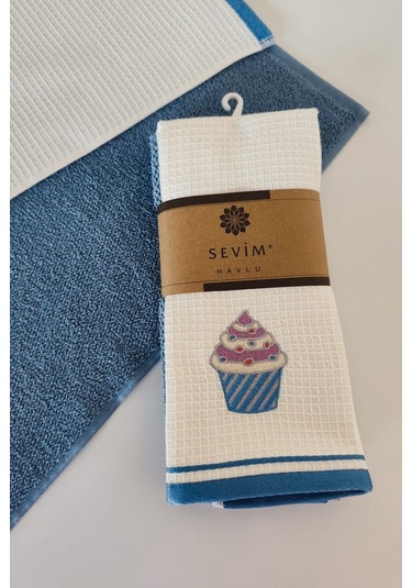 2 Li Mutfak Havlusu %100 Pamuk - Cupcake Nakışlı - 40x60 Cm Indıgo Indigo