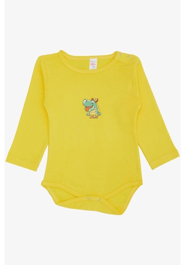 Breeze Erkek Bebek Çıtçıtlı Zıbın Body Mutlu Dinozor Baskılı 9 Ay-3 Yaş, Sarı Sarı