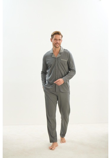 Erkek Uzun Kol Gömlek Yaka Önden Düğmeli Yeşil Pijama Takım C7t2n5o9 001
