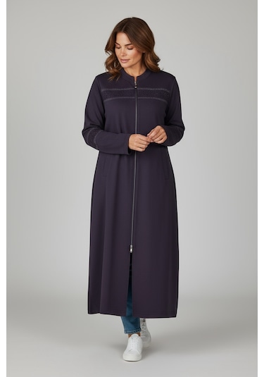 Kadın Önü Fermuarlı Desenli Cepli Mevsimlik Kap Mor