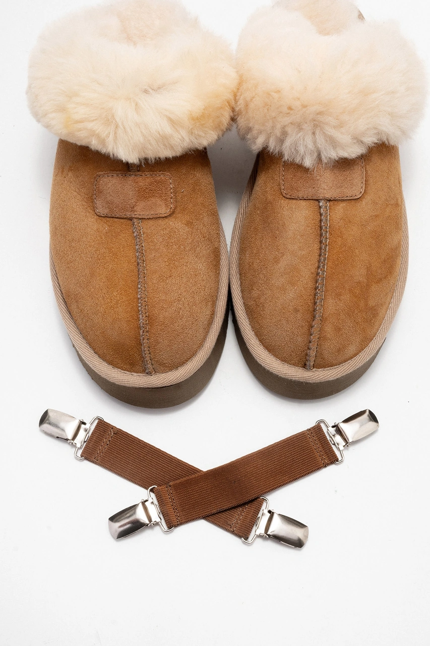 Olessa Taba Hakiki Deri Süet Kadın Kürklü Terlik Taba