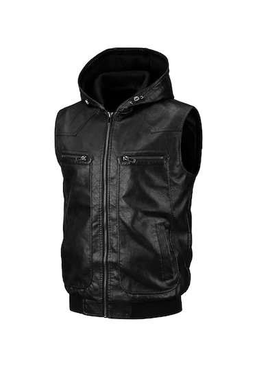 Kapüşonlu Triko Yaka Ve Triko Bel Hakiki Kuzu Derisi Yelek Siyah