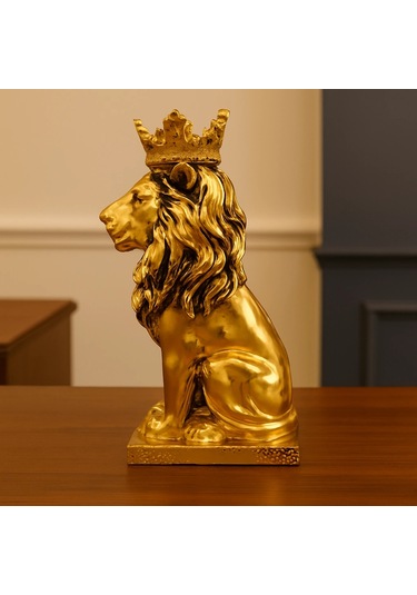 Taçlı Oturan Aslan Figürü Polyester 34x14