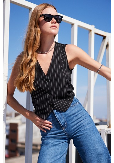 Bigdart 6794 Çizgili Dokuma Yelek - Siyah 001