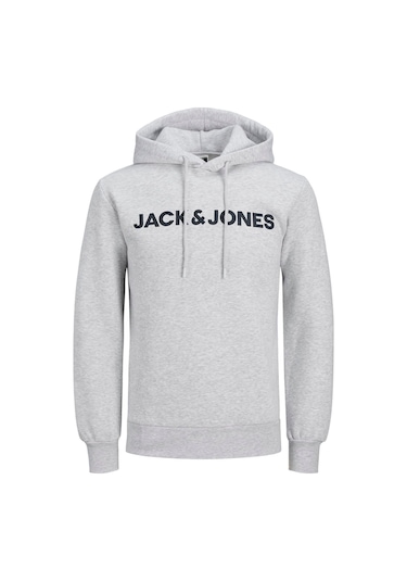 Jack & Jones Erkek Logo Baskili Kapüsonlu Sweatshirt - Deldrick 12193083 White Melange Siyah