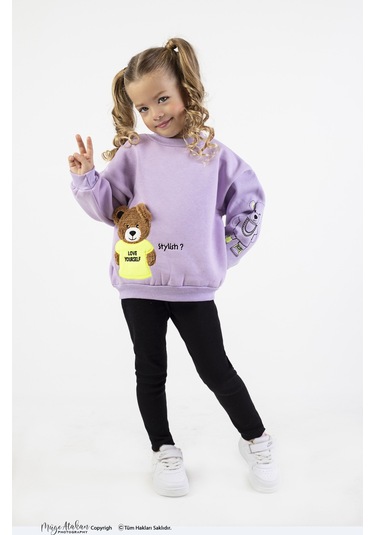 Kız Çocuk Orta Kalınlıkta Baskılı Örme Basic Taytlı Alt Üst Takımı Lila