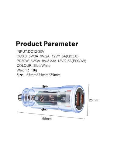 Vaorlo 48w Araç Şarj Cihazı Hızlı Şarj Usb + Pd Bağlantı Noktası Desteği Qc3.0 Hızlı Şarj Mavi