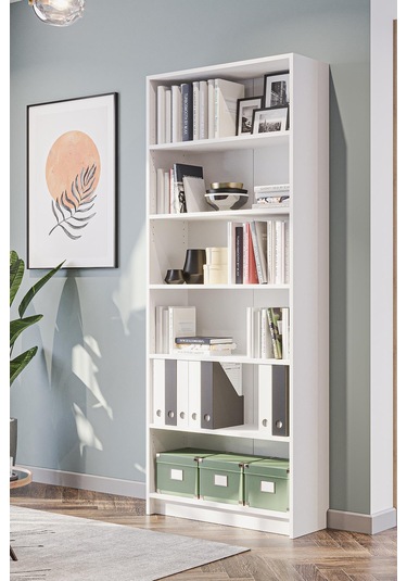Bili Kitaplık 5 Raflı Geniş Çok Amaçlı Ofis Salon Kitap Dosya Rafı Beyaz Beyaz