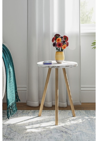İntergo Yuvarlak Ahşap Ayaklı Tekli Zigon Yan Sehpa Beyaz Mermer