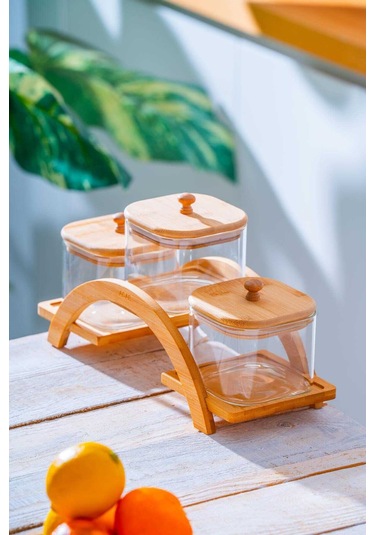 Acar Malibu Bambu Standlı 3 Lü Borosilikat Cam Baharatlık Seti Ahşap