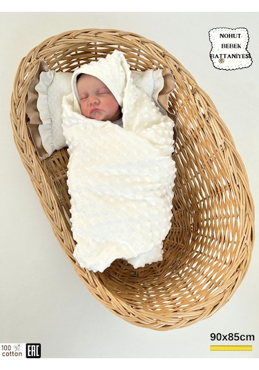 Nohut Kız / Erkek Bebek Battaniyesi & Kundağı Çift Katlı %100 Pamuklu Çok Amaçlı Örtü 90x85cm Btn11003 Ekru