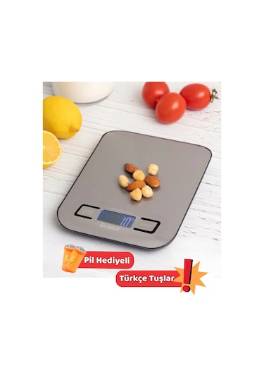 Hassas Mutfak Terazisi 5 Kg - 1 Gr Hassasiyet - Paslanmaz Çelik - Led Ekran - Pil Hediyeli Gri