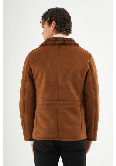 Erkek Regular Fit İçi Kürklü Düğmeli Katlı Yaka Yandan Cepli Klasik Süet Mont Kahverengi