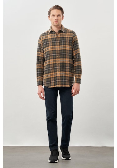 Hardal Yünlü Ekose Desen Yumuşak Yaka Cepsiz Uzun Kol Casual Comfort Fit Gömlek 1004245227 Hardal