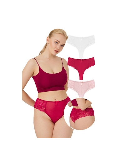 Dantelli Tül Detaylı Büyük Beden Kadın Brezilya 3'lü Paket Külot 550331209 Çok Renkli