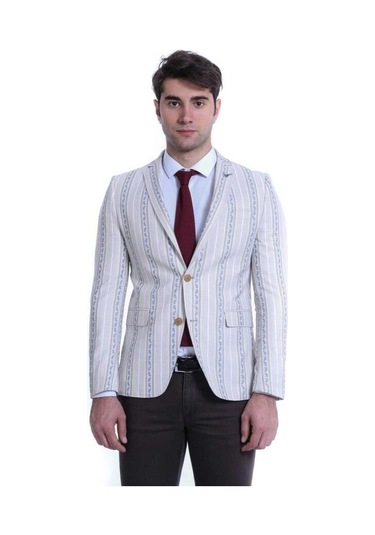 Wessi Çizgili Bej Slim Fit Ceket Siyah