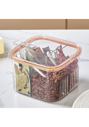 Pazly Yeşil 4 Bölmeli Baharat Çeşniler Kutusu, Fonksiyonel Saklama, Şeffaf Kapak, Kaşık Kabı İle Yeşil