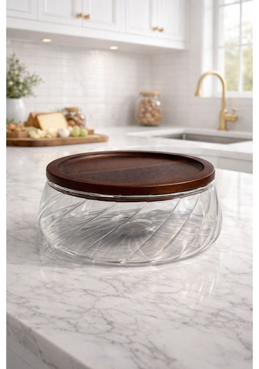 Qerhome 2'li Borosilikat Cam Lüks Akasya Kapaklı Cam Kase - Sunumluk-salata Kasesi 18 Cm - 22 Cm Dalgalı Model Şeffaf
