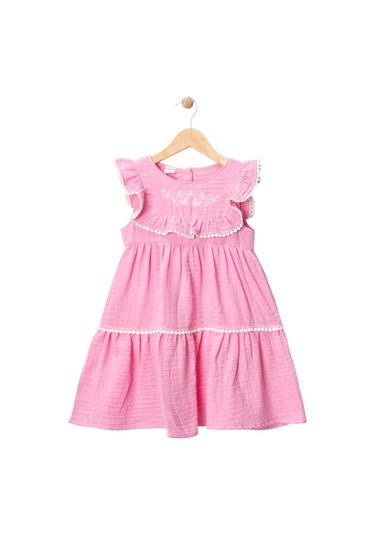 Robası Nakışlı Müslin Elbise Pembe