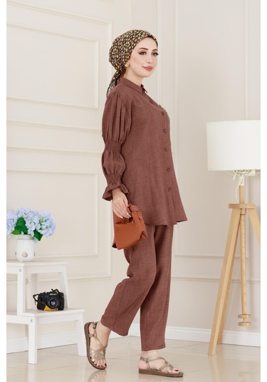 Önü Taşlı Kolu Lastikli İkili Takım-kahverengi-5097 Kahverengi