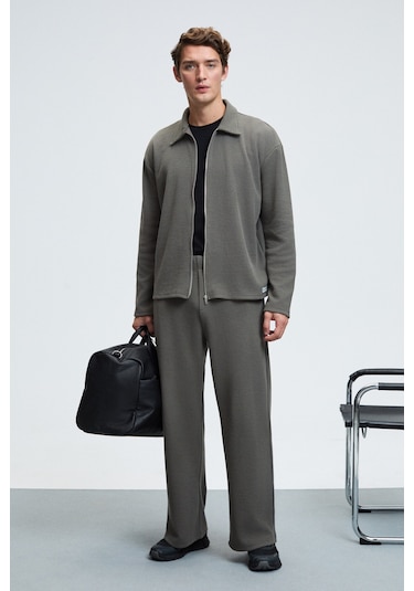 LACHLAN Erkek Waffle Özel Dokulu Kordonlu Süs Etiketli Koyu Gri Pantolon