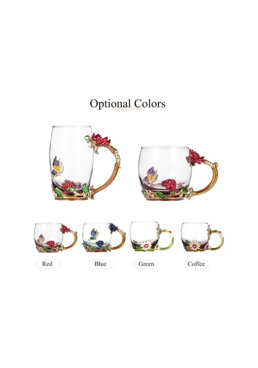 Jeemson Mavi Gül Desenli Cam Bardak Seti - 350ml Isı Dayanıklı, Çay/kahve İçin, Kadeh+kaşık+temizleme Bezi, Dekoratif lik Paket Mavi