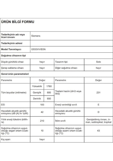 Siemens GS33VVIE0N 242 LT 7 Çekmeceli Dikey Derin Dondurucu