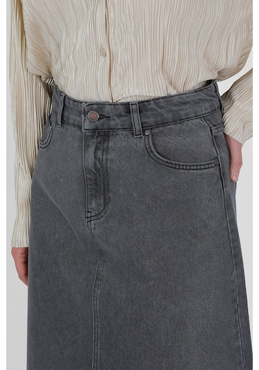 Yüksek Bel A Kesim Denim Etek Gri