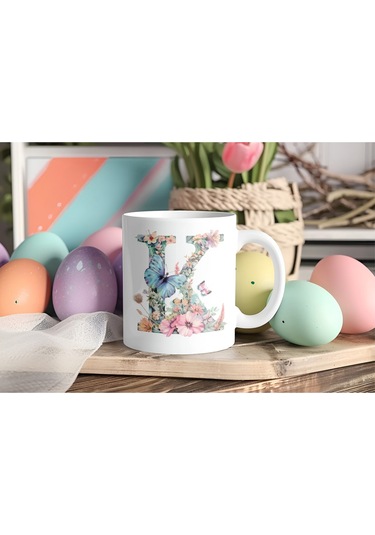 K Harfi Çiçekli Kupa Bardak - Soft Renk Çiçek Ve Kelebek Desenli Zarif Kahve Kupası - Bohem Beyaz