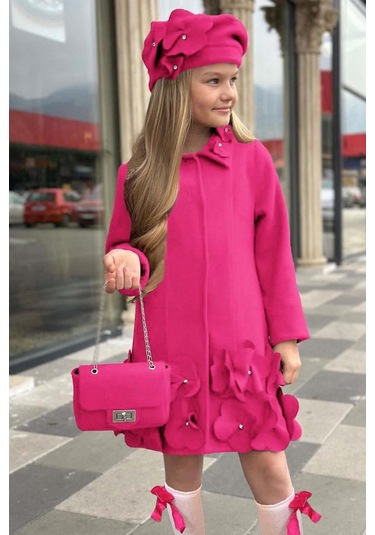 Riccotarz Kız Çocuk Yakası Taş Ve Yonca Detaylı Çıtçıt Düğmeli Fuşya Kaşe Fuşya