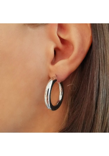 Halka Gümüş Küpe Rodyum Orta Boy  Kalın