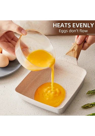 Xuweiwei Beyaz Renkli Ahşap Saplı Japon Tamagoyaki Tavası - Yapışmaz Kare Omlet Ve Yumurta Rulosu İçin