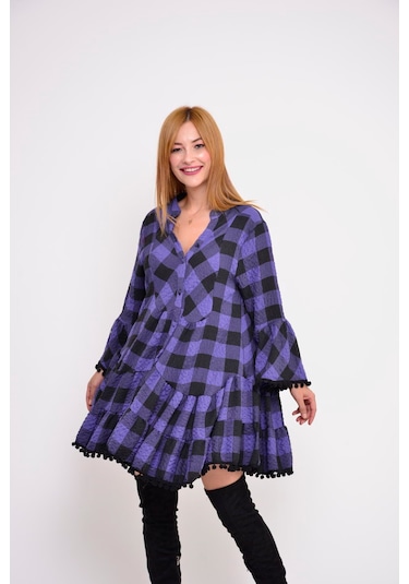 Park Moda Ekose Midi Elbise Mor