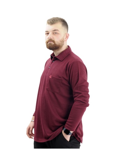 Mode Xl Büyük Beden Erkek Sweatshirt Polo Yaka Uzun Kol Waffle 23449 Bordo Bordo